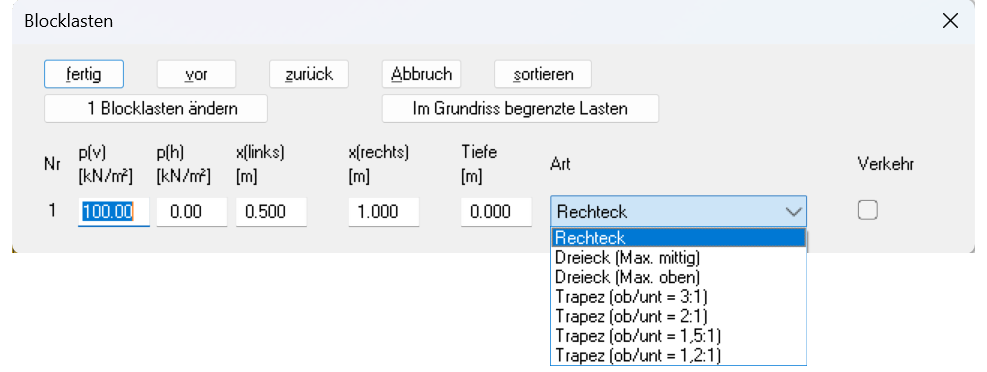 Auswahl der Lastform im Dialog Blocklasten